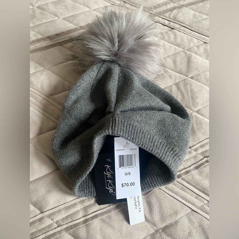 Grey fur pom beanie